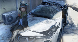 Rule 34 | 1girl, animal ears, black footwear, black jacket, brown hair, can, car, closed mouth, crack, cracked wall, damaged, debris, drink can, fake animal ears, grey pantyhose, hairband, holding, holding can, industrial pipe, jacket, mogumo, motor vehicle, open clothes, open jacket, orange eyes, outdoors, pantyhose, rubble, scarf, short hair, shorts, sitting, sitting on car, sleeves past wrists, soda can, solo, tokoshie bullet, torn, torn clothes, torn jacket, vehicle focus