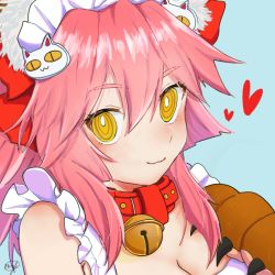 Rule 34 | :3, animal ears, animal hands, apron, bell, blue background, blush, breasts, cat hair ornament, cat paws, cleavage, collar, commentary request, fangs, fate/grand order, fate (series), fox ears, gloves, hair ornament, hand on own chest, heart, jingle bell, long hair, looking at viewer, maid headdress, naked apron, neck bell, omizu mio, paw gloves, pink hair, ponytail, signature, simple background, solo, tamamo (fate), tamamo cat (fate), tamamo cat (third ascension) (fate), yellow eyes