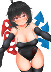 Rule 34 | 1girl, adapted costume, ahoge, asymmetrical wings, bare shoulders, black gloves, black hair, black one-piece swimsuit, black thighhighs, blue wings, blush, breasts, cleavage, commentary request, covered navel, daichi (tokoya), elbow gloves, gloves, gluteal fold, groin, hair between eyes, halterneck, highres, houjuu nue, large breasts, looking at viewer, one-piece swimsuit, pointy ears, reaching, reaching towards viewer, red eyes, red wings, short hair, sidelocks, simple background, smile, solo, sweat, swimsuit, thighhighs, thighs, touhou, white background, wings