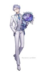 Rule 34 | 1boy, absurdres, azul ashengrotto, bespectacled, blue necktie, blue ribbon, bouquet, brooch, closed eyes, collared shirt, dress pants, dress shoes, english text, flower, formal, full body, gem, glasses, gloves, hair between eyes, hand in pocket, highres, holding, holding bouquet, jacket, jewelry, light purple hair, male focus, mole, mole under mouth, necktie, octopus, official style, pants, pearl (gemstone), pendant, pleated pants, pointed footwear, ribbon, seashell, shell, shirt, short hair, signature, simple background, single sidelock, smile, solo, standing, standing on one leg, suit, suit jacket, swept bangs, twisted wonderland, user egdy2875, waistcoat, white background, white gloves, white jacket, white pants, white shirt, wing collar