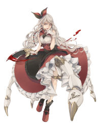 Rule 34 | 1girl, anotherxalice, blade, blood, bloody weapon, bow, cartolaio, dress, full body, gloves, hair bow, holding, holding weapon, long hair, looking at viewer, mechanical legs, official art, red bow, red dress, red footwear, signature, grey eyes, solo, standing, thighlet, very long hair, weapon, white background, white gloves, white hair