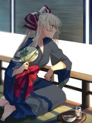 Rule 34 | 1girl, bamboo print, barefoot, black kimono, blunt bangs, blurry, bow, bowl, closed mouth, cup, depth of field, food request, fujiwara no mokou, hair bow, hand fan, highres, hime cut, holding, holding fan, ice, ice cube, iced tea, japanese clothes, kimono, light particles, long hair, looking away, mokoiscat, paper fan, plate, railing, red bow, red eyes, solo, tatami, touhou, white background, white hair, wide sleeves, yukata