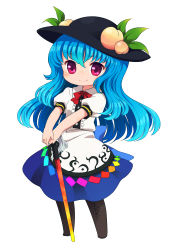 Rule 34 | 1girl, bad id, bad pixiv id, blue hair, chibi, female focus, food, fruit, full body, hat, hinanawi tenshi, long hair, peach, pentagon (uzus), red eyes, shirt, simple background, skirt, smile, solo, standing, sword, sword of hisou, touhou, weapon, white background