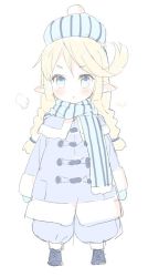 Rule 34 | 1girl, :o, beanie, black footwear, blonde hair, blue capelet, blue coat, blue eyes, blue hat, blue mittens, blue pants, blue scarf, blush, boots, braid, breath, capelet, coat, commentary request, copyright request, full body, hat, long hair, long sleeves, low twintails, meito (maze), mittens, pants, parted lips, pointy ears, puffy pants, scarf, simple background, solo, standing, twin braids, twintails, v-shaped eyebrows, white background