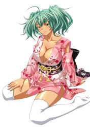 Rule 34 | 1girl, blush, breasts, dark skin, dark-skinned female, female focus, green hair, ikkitousen, japanese clothes, kimono, large breasts, long hair, looking at viewer, ryofu housen, sitting, smile, solo, tagme, twintails