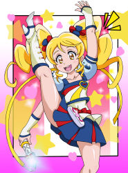 Rule 34 | 10s, 1girl, alternate form, arm up, blonde hair, blue skirt, boots, brown eyes, cure honey, cure honey (popcorn cheer), earrings, happinesscharge precure!, highres, jewelry, kicking, knee boots, long hair, magical girl, miniskirt, oomori yuuko, precure, puffy sleeves, shiny skin, skirt, smile, solo, star (symbol), twintails, wand, watosonshi, wrist cuffs