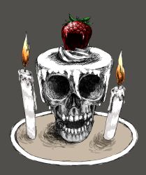 Rule 34 | #b7282e, bad food, candle, cream, fire, food, food focus, fruit, grey background, highres, icing, no humans, original, plate, simple background, skull, strawberry, teeth