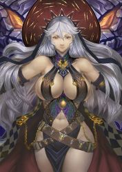 Rule 34 | 1girl, bare shoulders, belt, black gloves, breasts, cape, cleavage, crossed belts, curvy, detached collar, detached sleeves, elbow gloves, gloves, granblue fantasy, hair between eyes, hat, highres, large breasts, long hair, looking at viewer, magisa (granblue fantasy), navel, red eyes, revealing clothes, shimashima (simasima 23), sleeveless, solo, white hair, witch hat