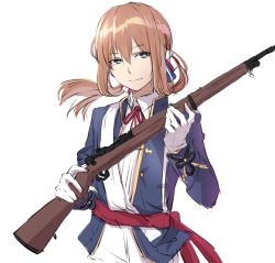 Rule 34 | 1girl, american flag, blazer, bolt action, breasts, brown hair, dress, girls&#039; frontline, gloves, green eyes, gun, hair between eyes, hair ribbon, hair rings, half-closed eyes, holding, holding gun, holding weapon, jacket, large breasts, long hair, long sleeves, looking at viewer, m1903 springfield, male focus, ponytail, ribbon, rifle, sash, shirt, sidelocks, simple background, skirt, smile, solo, springfield (girls&#039; frontline), upper body, weapon, white background, white dress, white gloves, xiujia yihuizi