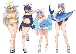 Rule 34 | 4girls, absurdres, ahoge, animal ear fluff, animal ears, arm up, armpits, bare shoulders, bikini, bikini skirt, black footwear, black one-piece swimsuit, blue archive, blue bikini, blue hair, blue jacket, breasts, cat ears, character request, cleavage, collarbone, eyewear on head, full body, green eyes, grey hair, halo, hat, highres, holding, hoshino (blue archive), hoshino (swimsuit) (blue archive), jacket, large breasts, leaning forward, long hair, looking at viewer, medium breasts, miniskirt, multiple girls, navel, nonomi (blue archive), nonomi (swimsuit) (blue archive), off shoulder, official alternate costume, one-piece swimsuit, open clothes, open jacket, pinepin, pink eyes, pink hair, pleated skirt, serika (blue archive), serika (swimsuit) (blue archive), shiroko (blue archive), shiroko (swimsuit) (blue archive), simple background, skirt, small breasts, standing, standing on one leg, stomach, sun hat, sunglasses, swimsuit, thighs, twintails, very long hair, white background, white hat, yellow bikini