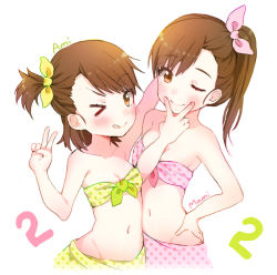 Rule 34 | &gt; o, 2girls, ;), ;q, arm up, bandeau, bare shoulders, breasts, brown eyes, brown hair, cleavage, fingersmile, futami ami, futami mami, hand on own hip, idolmaster, idolmaster (classic), looking at viewer, mirei, multiple girls, navel, one eye closed, polka dot, sarong, siblings, side ponytail, simple background, sisters, small breasts, smile, tongue, tongue out, v