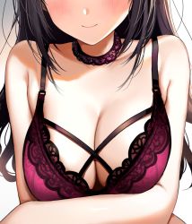 Rule 34 | 1girl, black hair, blush, bra, breast hold, breasts, cleavage, closed mouth, crossed arms, head out of frame, large breasts, long hair, nishizawa, original, pink bra, sidelocks, simple background, smile, solo, underwear, upper body