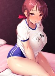 Rule 34 | 1girl, bed, bed sheet, bedroom, blush, breasts, brown hair, buruma, collarbone, commentary request, idolmaster, idolmaster cinderella girls, large breasts, long hair, looking at viewer, mifune miyu, open mouth, pillow, red eyes, red ribbon, ribbon, satou kuuki, shirt, short sleeves, sitting, solo, sweat, swept bangs, thick thighs, thighs, translation request, underwear, white footwear, white legwear, white shirt