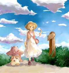 Rule 34 | 1girl, black eyes, blonde hair, blue sky, cloud, commentary request, creature, day, dress, full body, grass, hat, holding, holding paper, merchant (ragnarok online), open mouth, outdoors, painterly, paper, pink bag, pink vest, ragnarok online, shimada sarasara, short hair, sign, sky, spore (ragnarok online), vest, walking, white dress