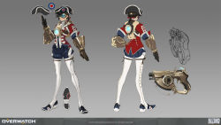 Rule 34 | 1girl, alternate costume, black headwear, blue-tinted eyewear, boots, brown gloves, brown hair, character sheet, commentary, english commentary, from behind, gloves, goggles, grey background, gun, hair behind ear, handgun, highres, jacket, kozaki yuusuke, mixed-language commentary, multiple views, official alternate costume, official art, overwatch, overwatch 1, pistol, red jacket, short hair, smirk, thigh boots, thighhighs, tinted eyewear, tracer (overwatch), visor, weapon, white headwear