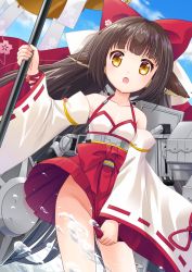 Rule 34 | 1girl, animal ears, azur lane, bell, black hair, bow, brown eyes, cloud, commentary request, covering privates, covering crotch, detached sleeves, groin, hair bow, hakama, hakama short skirt, hakama skirt, harutsuki (azur lane), japanese clothes, jingle bell, kagura suzu, long hair, miko, miniskirt, no panties, nontraditional miko, open mouth, outdoors, polearm, red skirt, ribbon, s nyaau, skirt, skirt tug, sky, solo, staff, very long hair, water, weapon, wind, wind lift