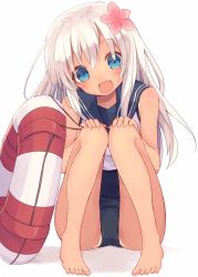 Rule 34 | 10s, 1girl, :d, barefoot, blonde hair, blue eyes, blush, crop top, fang, feet, flower, full body, hair flower, hair ornament, hands on own knees, kantai collection, lifebuoy, long hair, one-piece swimsuit, open mouth, ro-500 (kancolle), sailor collar, school swimsuit, shugao, sitting, smile, solo, swim ring, swimsuit, swimsuit under clothes, tan, tanline, toes, white background