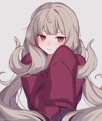 Rule 34 | 1girl, absurdres, bad id, bad twitter id, blush, chika (2343 chika), closed mouth, commentary, english commentary, grey background, grey hair, highres, long hair, looking at viewer, nijisanji, nijisanji en, pink eyes, pink sweater, reimu endou, simple background, sleeves past fingers, sleeves past wrists, solo, sweatdrop, sweater, upper body, very long hair, virtual youtuber