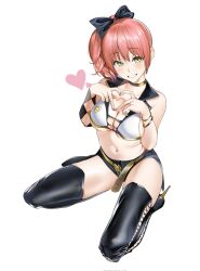 Rule 34 | 1girl, asymmetrical gloves, bare shoulders, blush, boots, breasts, cleavage, collarbone, gloves, gold choker, heart, heart hands, high heels, highres, idolmaster, idolmaster cinderella girls, jewelry, jougasaki mika, looking at viewer, medium breasts, navel, open mouth, pink hair, ponytail, saya endo (27), side ponytail, sitting, smile, smiley face, solo, thigh boots, thighhighs, underboob, yellow eyes