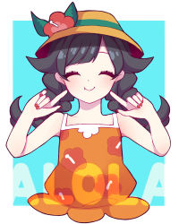 Rule 34 | 1girl, ^ ^, black hair, blush, braid, closed eyes, creatures (company), fingers to cheeks, floral print, flower, game freak, hat, looking at viewer, nail polish, nintendo, pippee, pokemon, pokemon usum, red nails, selene (pokemon), selene (pokemon usum), simple background, smile, solo, sun hat, swept bangs, tank top, twin braids, upper body, white background
