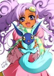 Rule 34 | 1girl, akane kazami, commentary, creature, dark-skinned female, dark skin, dated, dress, forehead jewel, frilled sleeves, frills, highres, holding, holding creature, long hair, looking at viewer, meredy (tales), open mouth, pet, pink dress, purple eyes, purple hair, quickie (tales), smile, tales of (series), tales of eternia, twintails, white background