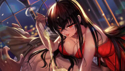 Rule 34 | 1boy, 1girl, ahoge, azur lane, black hair, breasts, cleavage, cocktail dress, crossed bangs, cup, dress, drinking glass, evening gown, hair ornament, indoors, large breasts, long hair, looking at viewer, official alternate costume, pouring, pouring onto another, red eyes, smile, taihou (azur lane), taihou (forbidden feast) (azur lane), thighhighs, tongue, tongue out, topless male, tutler, wine glass