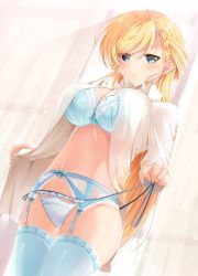 Rule 34 | 1girl, aqua eyes, araragi ayune, backlighting, blonde hair, blue bra, blush, bow, bow bra, bra, braid, breasts, cowboy shot, curtains, dress shirt, dutch angle, frilled panties, frills, garter belt, highres, indoors, lace, lace-trimmed bra, lace-trimmed legwear, lace trim, light particles, lingerie, long hair, looking at viewer, medium breasts, navel, open clothes, open shirt, original, panties, panties over garter belt, parted lips, rinna milford, see-through, shirt, side-tie panties, solo, standing, string panties, sunlight, swept bangs, thighhighs, underwear, untied panties, untying, white panties, white shirt, window