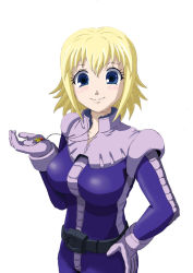 Rule 34 | 1girl, blonde hair, blue eyes, gingasansan, gundam, gundam side story: from place beyond the blaze, hand on own hip, jewelry, lilia flaubert, pilot suit, simple background, smile, solo