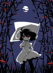 Rule 34 | 1girl, bamboo, bamboo forest, bandaid, female focus, flag, forest, glowing, glowing eyes, ichihaya, inaba tewi, monochrome, moon, nature, night, pantyhose, purple background, red eyes, solo, spot color, touhou, wind
