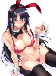 Rule 34 | 1girl, :q, alcohol, animal ears, bikini, black hair, black thighhighs, blush, bow, bowtie, breasts, cleavage, cup, cupping glass, detached collar, drinking glass, earrings, fake animal ears, green nails, hairband, highres, jewelry, large breasts, leotard, licking lips, long hair, nail polish, navel, no shoes, original, playboy bunny, purple eyes, rabbit ears, rabbit tail, red bikini, sitting, solo, spill, spilling, sweat, swimsuit, tail, thighhighs, tongue, tongue out, warabino matsuri, wariza, wine, wine glass, wrist cuffs