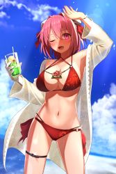 Rule 34 | 1girl, ;d, ahoge, arm up, bandaged arm, bandages, bare shoulders, bikini, blouse, blue sky, breasts, bun cover, cleavage, cloud, cup, day, double bun, floral print, flower, greenkohgen, hair between eyes, hair bun, hair intakes, highres, holding, holding cup, ibaraki kasen, large breasts, legs apart, lens flare, looking at viewer, medium breasts, navel, one eye closed, open clothes, open mouth, open shirt, outdoors, pink eyes, pink flower, pink hair, pink rose, red bikini, rose, see-through, shirt, sky, smile, solo, standing, stomach, summer, sweat, swimsuit, thigh strap, touhou, white shirt
