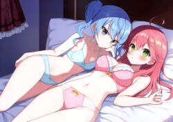 Rule 34 | 2girls, absurdres, ahoge, bed, blue bra, blue eyes, blue hair, blue panties, blush, bow, bow bra, bow panties, bra, breasts, cleavage, green eyes, hair ornament, hand on own cheek, hand on own face, highres, hololive, hoshimachi suisei, large breasts, long hair, lying, mauve, multiple girls, on back, on bed, on side, panties, parted lips, pillow, pink bra, pink hair, pink panties, sakura miko, scan, side ponytail, small breasts, underwear, underwear only, virtual youtuber, x hair ornament