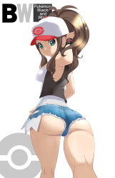 Rule 34 | 1girl, ass, bare legs, bare shoulders, baseball cap, black vest, blue eyes, brown hair, closed mouth, copyright name, covered erect nipples, creatures (company), crotch seam, denim, denim shorts, fisheye, foreshortening, from behind, from below, game freak, hand up, hat, high ponytail, highres, hilda (pokemon), kneepits, leaning forward, legs, long hair, looking at viewer, looking back, makoto daikichi, nintendo, outstretched arm, outstretched leg, pocket, pokemon, pokemon bw, shirt, short shorts, shorts, sidelocks, sideways glance, simple background, sleeveless, sleeveless shirt, smile, solo, standing, standing on one leg, vest, white background, white shirt, wristband
