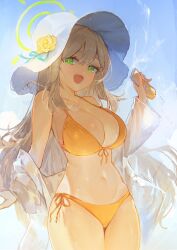 Rule 34 | 1girl, bikini, blonde hair, blue archive, blue sky, breasts, cleavage, commentary, cowboy shot, curvy, double-parted bangs, english commentary, flower, front-tie bikini top, front-tie top, green eyes, halo, happyongdal, hat, hat flower, hat ribbon, highres, jacket, large breasts, light brown hair, long hair, looking at viewer, lotion, narrow waist, navel, nonomi (blue archive), nonomi (swimsuit) (blue archive), open mouth, ribbon, see-through, see-through jacket, side-tie bikini bottom, sky, solo, sun hat, sunscreen, swept bangs, swimsuit, white hat, wide hips, yellow bikini