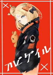 Rule 34 | 1girl, abigail williams (fate), abigail williams (traveling outfit) (fate), absurdres, alternate hairstyle, artist request, bandaid, bandaid on face, bandaid on forehead, belt, black bow, black jacket, blonde hair, blue eyes, blush, bow, commentary request, fate/grand order, fate (series), forehead, hair bow, hair bun, hand in pocket, high collar, highres, hip focus, holding, holding stuffed toy, jacket, long hair, looking at viewer, looking to the side, official alternate costume, orange bow, parted bangs, polka dot, polka dot bow, red background, single hair bun, sleeves past fingers, sleeves past wrists, solo, stuffed animal, stuffed toy, teddy bear, thighs, x