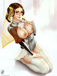 Rule 34 | 1girl, armor, breastplate, breasts, breasts out, brown hair, cleavage cutout, cleft of venus, clothing cutout, destiny (game), garter straps, green eyes, hand on own chest, hand on own thigh, highres, kneeling, knees together feet apart, legs together, nipples, no panties, personification, pussy, signature, simple background, smile, solo, source request, the last word (destiny), themaestronoob, thighhighs, thighs, veil