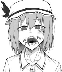 Rule 34 | 1girl, @ @, absurdres, collarbone, collared shirt, commentary request, cookie (touhou), eldritch abomination, extra ears, extra teeth, greyscale, hair between eyes, hat, highres, hisaka (cookie), horror (theme), iroha (nicoseiga97312726), looking at viewer, mob cap, monochrome, open mouth, remilia scarlet, shirt, short hair, simple background, solo, tongue, touhou, upper body, uvula, white background