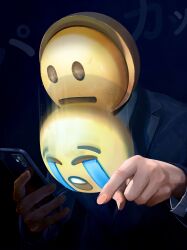 Rule 34 | 1boy, absurdres, cellphone, commentary request, crying emoji, emoji, formal, hands up, highres, holding, holding phone, jacket, long sleeves, male focus, meme, original, phone, satire, smartphone, social commentary, solo, suit, uohhhhhhhhh! (meme), upper body, utsusemi rari