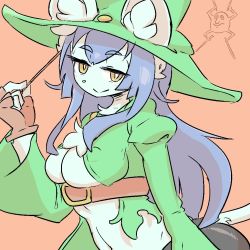 Rule 34 | 1girl, brown eyes, cat, female focus, furry, furry female, hat, long hair, looking at viewer, no bra, purple hair, simple background, solo, the amboina, witch hat