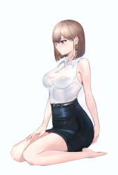Rule 34 | 1girl, bad id, bad pixiv id, bare shoulders, barefoot, bario, belt, black skirt, blush, braid, brown hair, chromatic aberration, earrings, expressionless, feet, fingernails, hair between eyes, hand on own ass, hand on own thigh, high-waist skirt, highres, jewelry, knees together feet apart, looking away, original, parted bangs, pencil skirt, profile, purple eyes, see-through, shiny clothes, side braid, simple background, sitting, skirt, sleeveless, solo, taut clothes, wariza