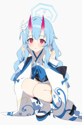 Rule 34 | 1girl, blue archive, blue bow, blue bowtie, blue footwear, blue hair, bow, bowtie, chise (blue archive), detached sleeves, flower, full body, geta, hair flower, hair ornament, halo, highres, horns, japanese clothes, kimono, light blush, long hair, looking at viewer, obi, oni horns, parted lips, platform footwear, red eyes, red horns, sailor collar, sash, simple background, sleeveless, sleeveless kimono, solo, squatting, supershiruco, tabi, white background, white legwear, white sailor collar, wide sleeves