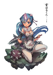 Rule 34 | 10s, 1girl, alternate hair length, alternate hairstyle, artist name, bad id, bad pixiv id, blood, blood on face, blue eyes, blue hair, breasts, chain, cleavage, detached collar, detached sleeves, flower, frilled sleeves, frills, glowing, hair flower, hair ornament, hair over one eye, hair ribbon, highres, horns, long hair, mace, maid, matching hair/eyes, on one knee, open mouth, pantyhose, re:zero kara hajimeru isekai seikatsu, rem (re:zero), ribbon, single horn, sjh, small breasts, solo, very long hair, weapon, white pantyhose, wide sleeves, x hair ornament
