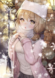 Rule 34 | 1girl, :o, blush, brown eyes, brown hair, coat, hands up, hat, lamppost, looking at viewer, medium hair, original, outdoors, pink coat, scarf, shichimi, snowflakes, snowing, solo, standing, sweater, white hat, white scarf