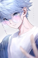 Rule 34 | 1boy, absurdres, artist name, blue eyes, blue hair, blue jacket, blurry, blurry foreground, closed mouth, eyewear strap, grey background, heart, highres, hunter x hunter, jacket, killua zoldyck, light blue hair, looking at viewer, male focus, open clothes, open jacket, shirt, simple background, sjamki, solo, spiked hair, sunglasses, upper body, v, white shirt