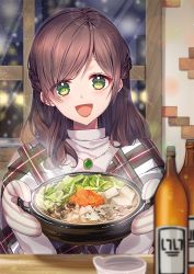 Rule 34 | 1girl, :d, blurry, blurry background, blurry foreground, blush, bottle, braid, brown hair, chano hinano, commentary request, food, green eyes, head tilt, holding, hotpot, indoors, jewelry, long hair, night, night sky, open mouth, original, oven mitts, pendant, plaid, shirt, sidelocks, sky, smile, snowing, solo, white shirt, window