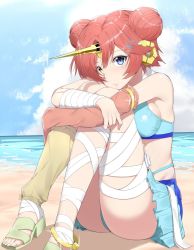 Rule 34 | 1girl, :t, ass, bad id, bad pixiv id, bandages, bare shoulders, beach, blue eyes, breasts, day, fate/grand order, fate (series), frankenstein&#039;s monster (fate), frankenstein&#039;s monster (swimsuit saber) (fate), frankenstein&#039;s monster (swimsuit saber) (second ascension) (fate), hair ornament, hairclip, heterochromia, highres, horns, hugging own legs, ocean, revision, sand, sandals, sideboob, single horn, solo, suzuharu toufu, toes, yellow eyes