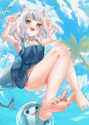Rule 34 | 1girl, 1other, absurdres, animal ear fluff, animal ears, aqua nails, armpits, bare legs, barefoot, blue dress, blue eyes, blue hair, blue sky, blunt bangs, blush, breasts, cat ears, commentary request, dress, eyelashes, feet, fins, fish tail, foreshortening, full body, gawr gura, gawr gura (casual), hands up, highres, hololive, hololive english, legs, long hair, looking at viewer, multicolored hair, nail polish, official alternate costume, open mouth, palm tree, paw pose, pulmo (artist), shadow, shark, shark girl, shark print, shark tail, sharp teeth, shiny skin, short dress, short sleeves, sidelocks, sky, small breasts, soles, streaked hair, tail, teeth, thighs, toenail polish, toenails, toes, tree, upper teeth only, virtual youtuber, water, white hair