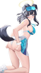 Rule 34 | 1girl, abab xiaxia, animal ears, armpits, ass, ass grab, bare legs, bare shoulders, black hair, blue archive, blue eyes, blush, breasts, cheerleader, crop top, dog ears, dog girl, dog tail, duplicate, eyewear on head, facial mark, from side, goggles, goggles on head, grabbing own ass, halo, hibiki (blue archive), hibiki (cheer squad) (blue archive), highres, kneeling, long hair, looking at viewer, looking back, medium breasts, midriff, millennium cheerleader outfit (blue archive), miniskirt, official alternate costume, panties, parted lips, pixel-perfect duplicate, ponytail, raised eyebrows, shoes, sideboob, sidelocks, simple background, skirt, sneakers, solo, star (symbol), star facial mark, star sticker, sweat, tail, text print, thighs, underwear, wavy mouth, wedgie, white background, white footwear, white panties, wrist cuffs