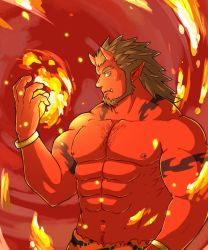 Rule 34 | 1boy, abs, bara, beard, blush, body hair, brown hair, chest hair, colored skin, embers, facial hair, fang, fire, gold bracelet, highres, horns, large pectorals, looking at viewer, male focus, medium hair, monster boy, muscular, navel, navel hair, nipples, oni, oni horns, original, pectorals, pointy ears, red oni, red skin, topless male, solo, stomach, tattoo, thick eyebrows, yanutorie