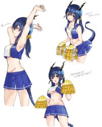 Rule 34 | 1girl, arknights, arms up, bare arms, bare shoulders, blue hair, blue shirt, blue skirt, breasts, ch&#039;en (arknights), cheerleader, cleavage, collarbone, commentary request, crop top, crop top overhang, cropped legs, dragon girl, dragon horns, dragon tail, groin, hair ornament, hair scrunchie, highres, horns, lily0428, long hair, low twintails, medium breasts, multiple views, navel, pleated skirt, pom pom (cheerleading), scrunchie, shirt, simple background, skirt, stretching, tail, translation request, twintails, underboob, white background, yellow scrunchie